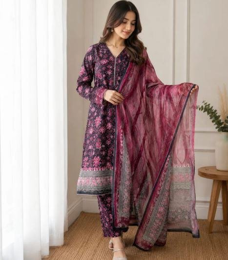 Women’s Brown Printed 3 Piece Lawn Suit with Printed Dupatta – Elegant Summer Wear Dress in Lahore | Rs. 3400