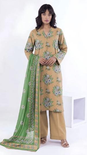 Women’s Orange Printed Dobby Lawn 3 Piece Unstitched Suit | Trendy Lawn Dress Online
