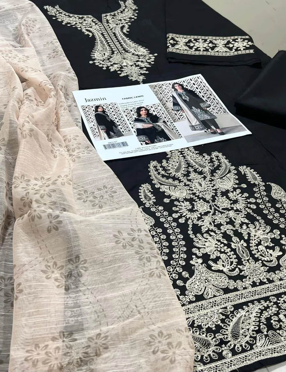 Black Embroidered Kurta Set with Beige Shawl for Women