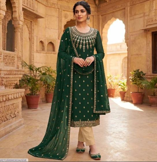Green Chiffon Embroidered Unstitched 3 Piece Suit with Wool Shawl for Sale in Lahore – Rs. 4,250
