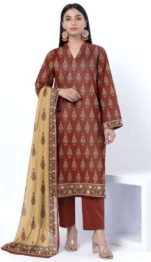 Women’s Red Printed Dobby Lawn 3 Piece Unstitched Suit | Stylish Lawn Dress Online