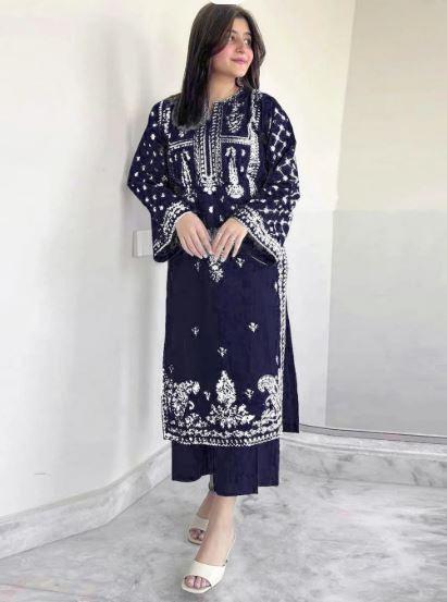 Women’s Blue Embroidered Lawn Suit 2 Pcs – Stylish Pakistani Lawn Dress for Women in Lahore | 2800 PKR