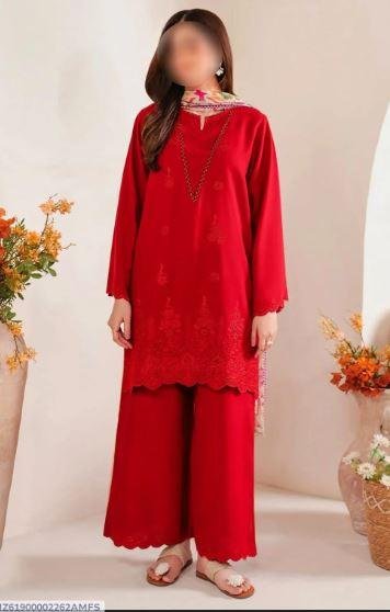 Red Chikankari Embroidered 3 Piece Lawn Suit with Digital Print Dupatta – Rs. 4,100