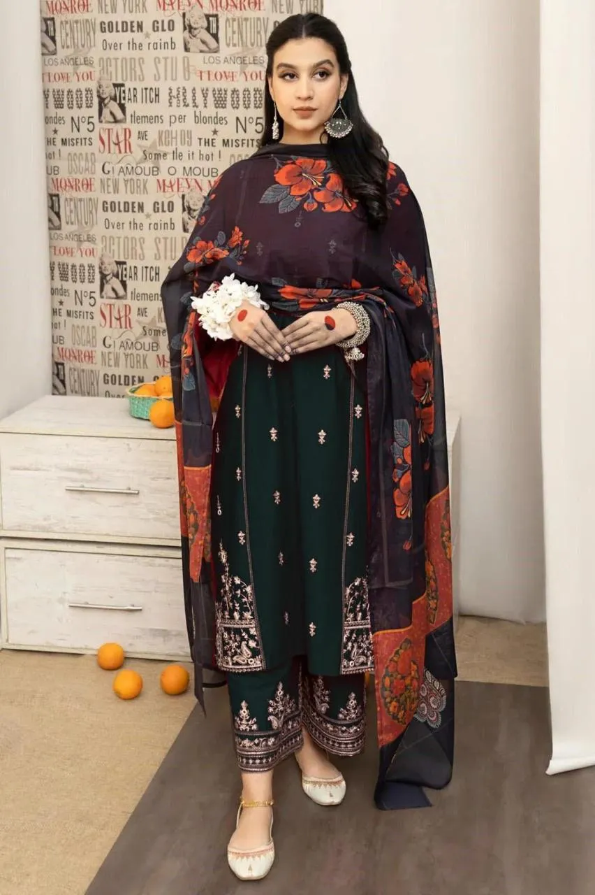 Black Printed Lawn Suit with Red Embroidery