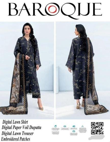 Baroque Grey Digital Lawn Embroidered 3 Piece Unstitched Suit for Sale in Lahore – Rs. 4,200