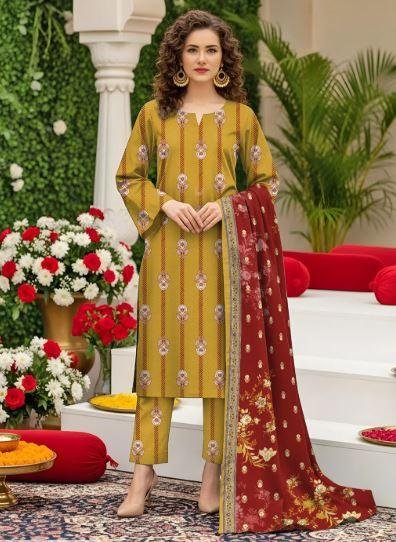 Golden Printed 3 Piece Women’s Lawn Suit with Printed Dupatta – Stylish Summer Wear Dress in Lahore | Rs. 3500