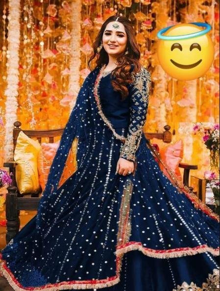 Blue Embroidered Shamoz Silk Maxi Suit 3Pcs With Pearls Dupatta in Lahore