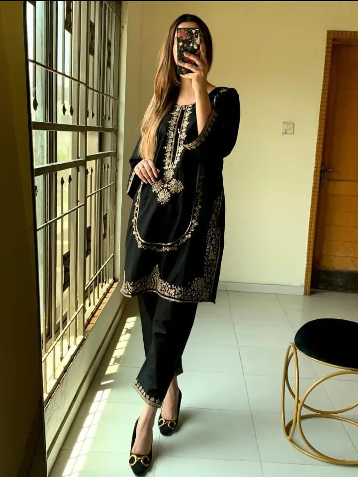 Stunning Black Linen Embroidered Suit - 3 Pcs Set