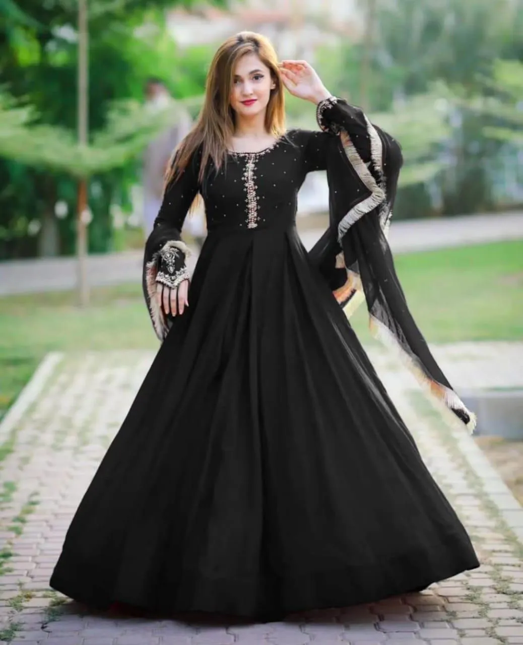 Black Embroidered Chiffon Maxi Dress Set for Women