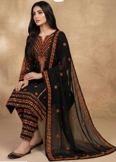 Black Embroidered 3 Piece Women’s Cotton Lawn Suit with Chiffon Dupatta – Elegant Eid Party Wear in Lahore | Rs. 4200