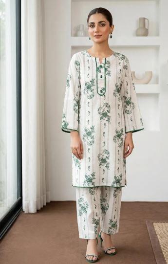 White Printed Arabic Lawn Kurta Set for Women 2 Pcs – Stylish Summer Lawn Dress for Ladies in Lahore | 2250 PKR