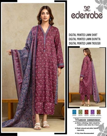 Edenrobe Red Digital Print Lawn 3 Piece Suit with Dupatta – Rs. 3,500