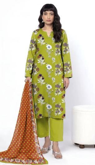 Women’s Green Printed Dobby Lawn 3 Piece Unstitched Suit | Stylish Lawn Dress Online