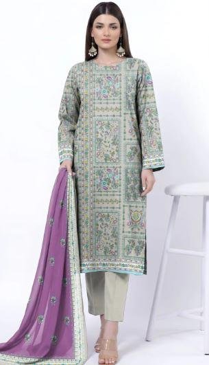 Women’s Grey Printed Dobby Lawn 3 Piece Unstitched Suit | Elegant Lawn Dress Online