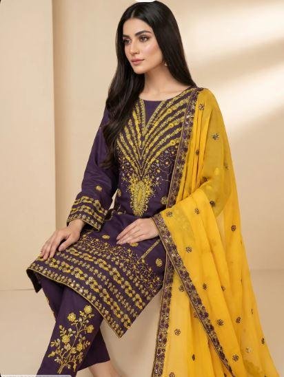 Purple Embroidered 3 Piece Women’s Cotton Lawn Suit with Chiffon Dupatta – Eid Party Wear Dress in Lahore | Rs. 4200