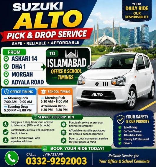 Pick & Drop Service in Islamabad | Suzuki Alto Daily Office & School Transport
