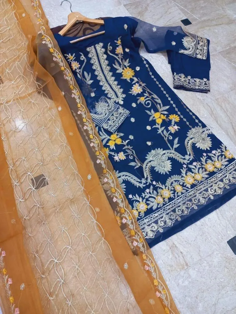 Heavy Embroidered 3Pcs Party Wear Dress Navy Blue