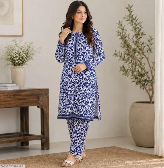 Women Blue Printed 2 Piece Unstitched Suit in Polo Cotton | Ladies Dress for Sale in Lahore