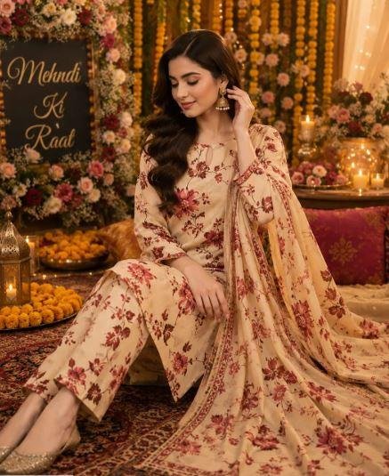 Women’s Brown Printed 3 Piece Lawn Suit with Printed Dupatta – Elegant Summer Wear Dress in Lahore | Rs. 3400