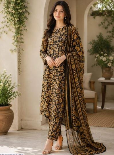 Women’s Brown Printed 3 Piece Lawn Suit with Printed Dupatta – Elegant Summer Wear Dress in Lahore | Rs. 3400