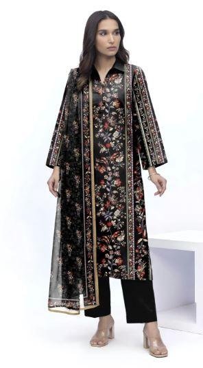 Women’s Black Printed Dobby Lawn 3 Piece Unstitched Suit | Elegant Lawn Dress Online
