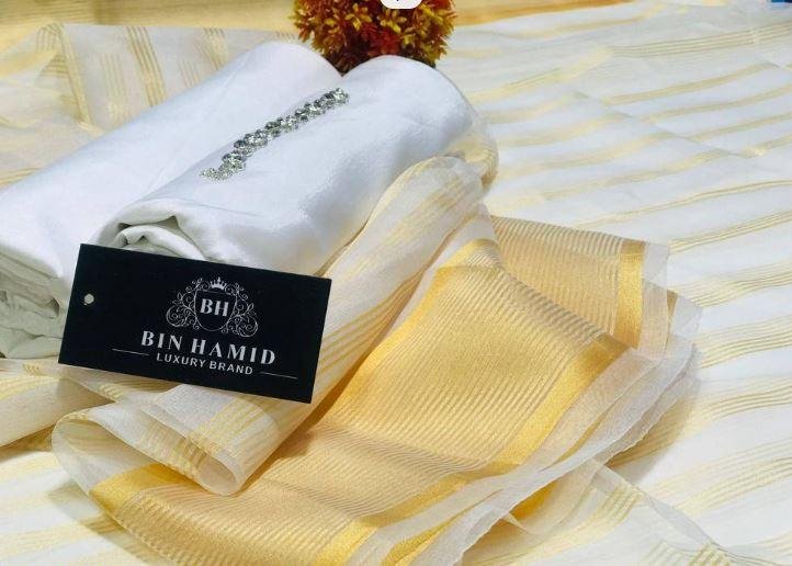 3 Piece Yellow White Katan Chamki Suit for Women with Organza Dupatta – Wedding & Office Wear Dress in Lahore | Rs. 1750