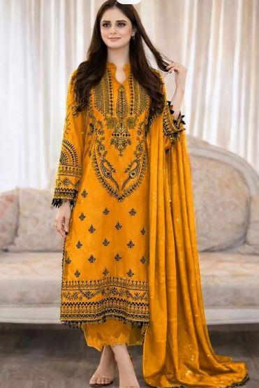 Women’s Mustard Yellow Embroidered Lawn Kurta Set with Dupatta – 3 Piece Ladies Suit in Lahore | 4150 PKR