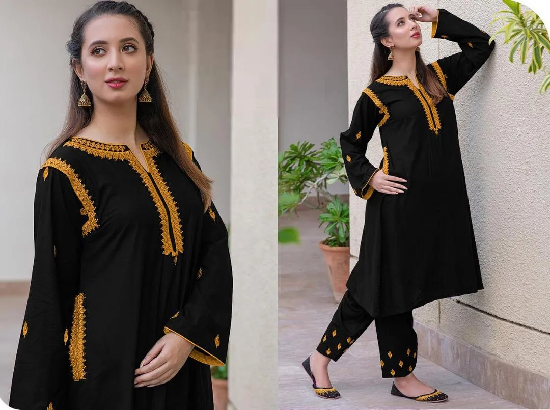 Black Linen 2-Piece Embroidered Set for Women