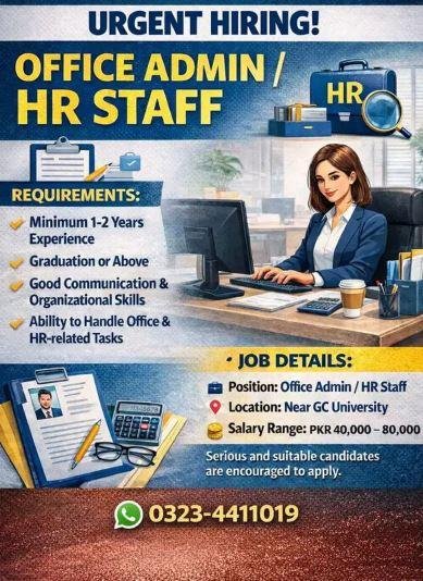 Office Admin and HR Staff Jobs in Lahore Graduate Required