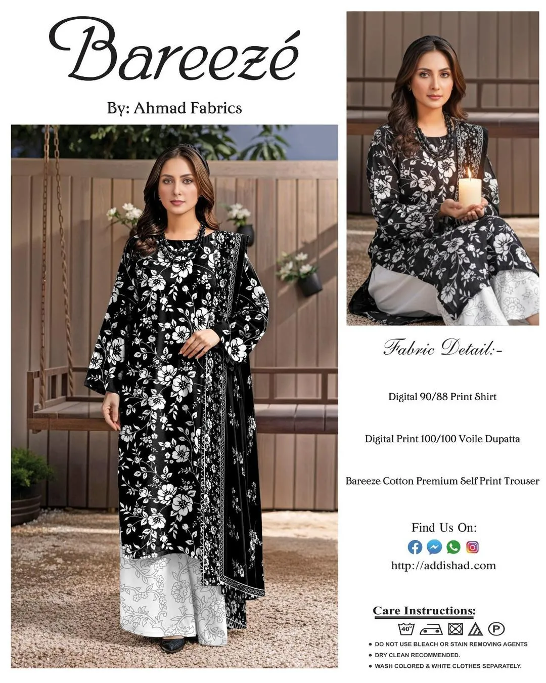 Black Floral Kurta Set with Grey Pants & Scarf