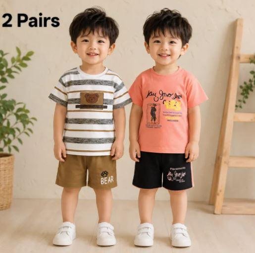 Kids Striped Cotton Shorts Set for Boys | 2 Pair Summer Outfit in Lahore