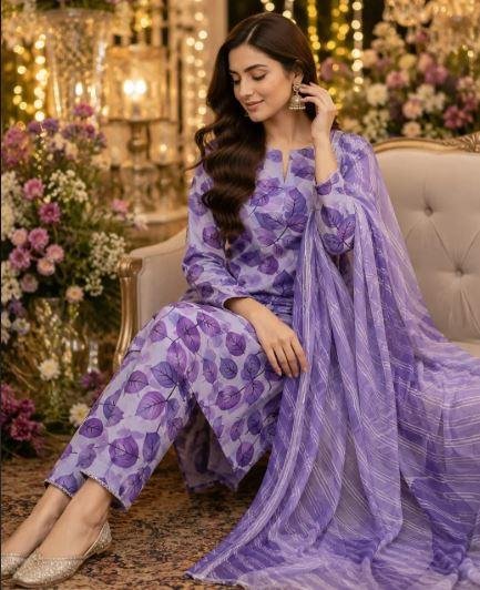 Women’s Brown Printed 3 Piece Lawn Suit with Printed Dupatta – Elegant Summer Wear Dress in Lahore | Rs. 3400