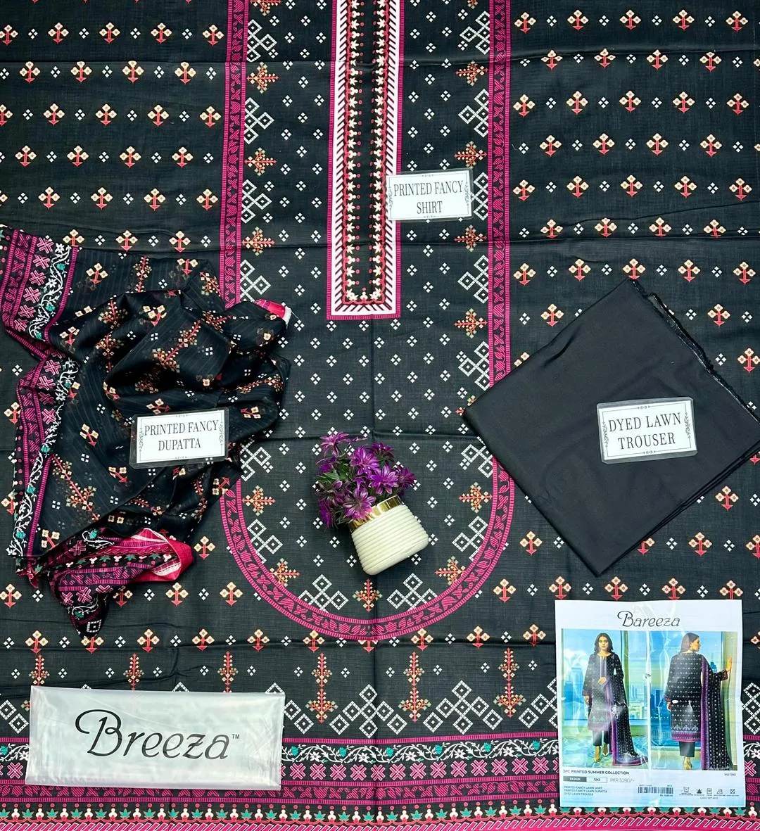 Black Printed 3 Pcs Women's Dobby Lawn Suit