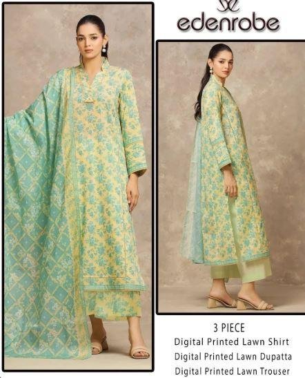 Edenrobe Yellow Digital Printed 3 Piece Lawn Suit for Women – Stylish Summer Dress with Lawn Dupatta in Lahore | Rs. 3850