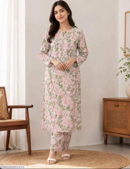 Women Pink Printed 2 Piece Unstitched Suit in Polo Cotton | Ladies Dress for Sale in Lahore
