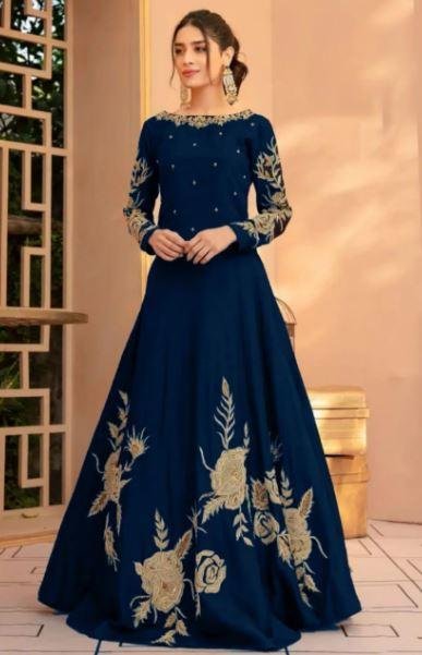Blue Silk Embroidered Maxi Dress for Women Wedding & Eid Wear in Lahore