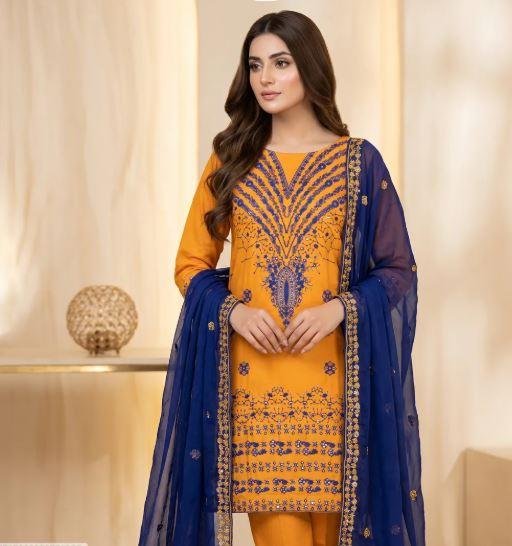3-Piece Embroidered Blue Lawn Suit for Eid