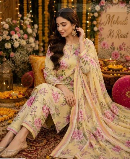 Yellow Printed Lawn 3 Pcs Suit for Women | Elegant Summer Lawn Dress Online