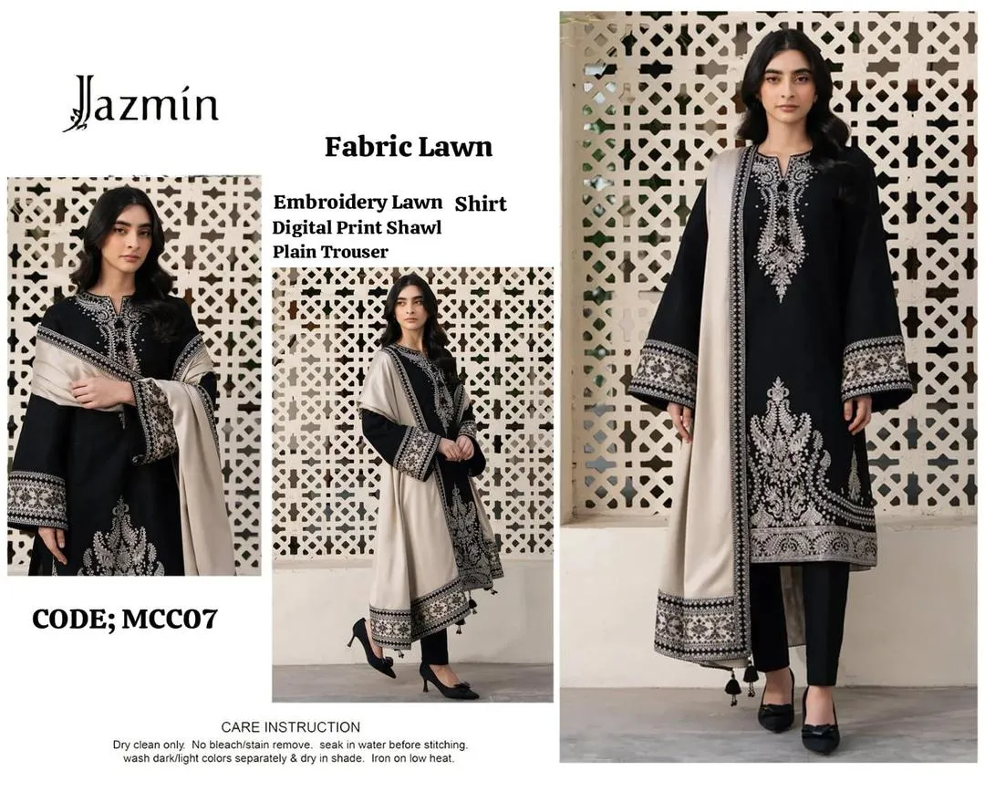 Black Embroidered Kurta Set with Beige Shawl for Women