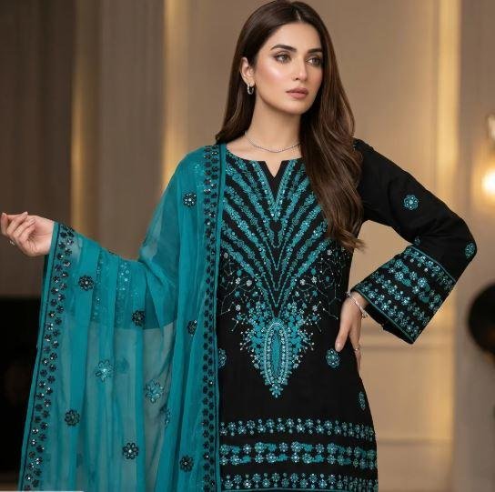 Black Embroidered 3 Piece Women’s Cotton Lawn Suit with Chiffon Dupatta – Elegant Eid Party Wear in Lahore | Rs. 4200