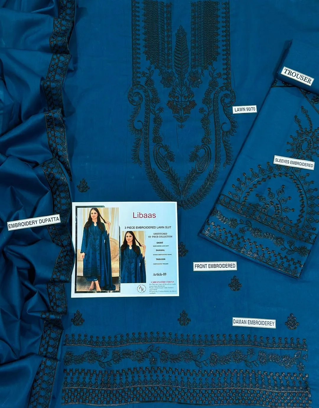 Blue Embroidered 3-Piece Lawn Suit for Eid Weddings