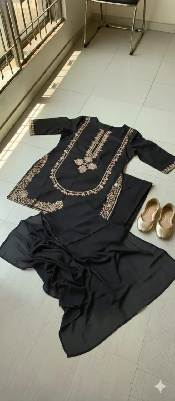 Stunning Black Linen Embroidered Suit - 3 Pcs Set