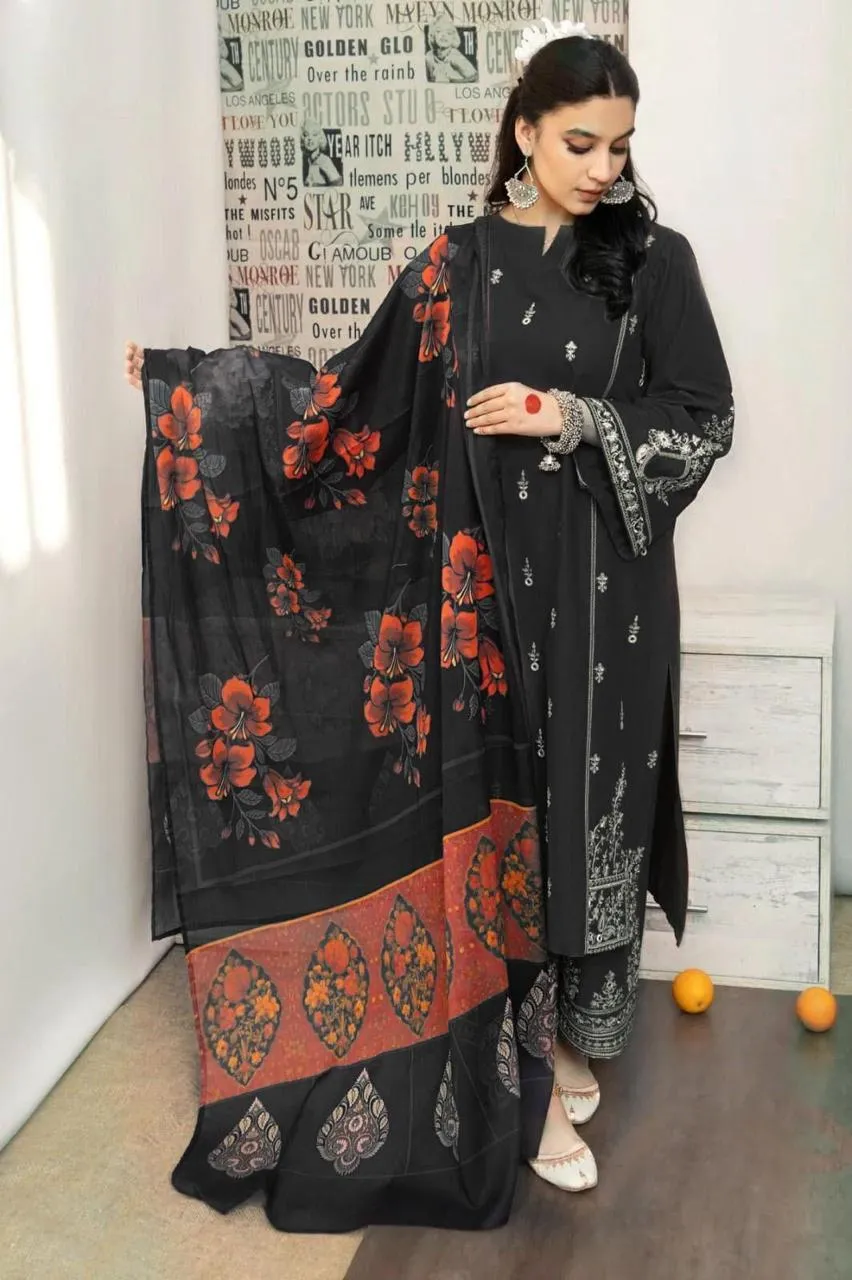 Black Printed Lawn Suit with Red Embroidery