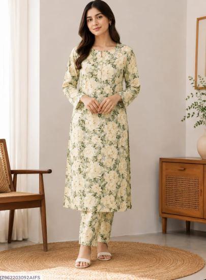 Women Green Printed 2 Piece Polo Cotton Suit for Sale in Lahore | Unstitched Ladies Dress