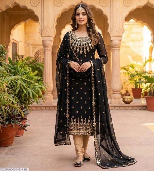 Black Chiffon Embroidered Unstitched 3 Piece Suit with Wool Shawl for Sale in Lahore – Rs. 4,350