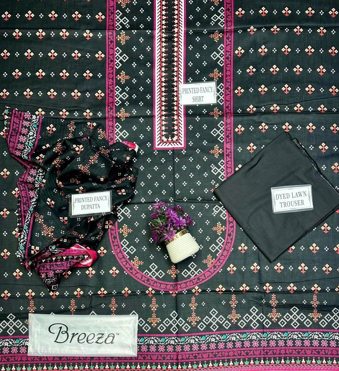 Black Printed 3 Pcs Women's Dobby Lawn Suit