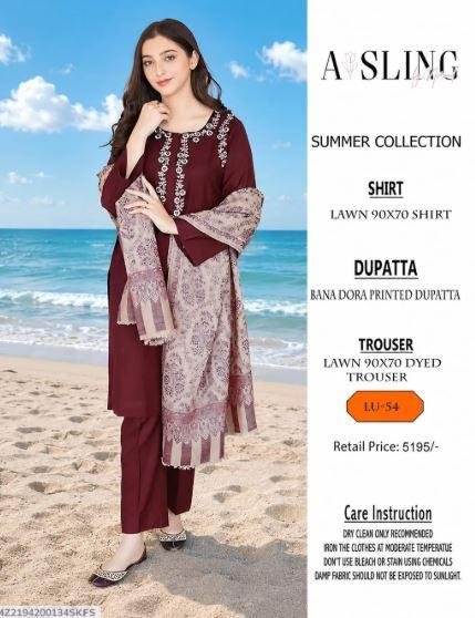 Maroon Embroidered Lawn 3 Piece Unstitched Suit with Dobby Lawn Dupatta – Rs. 4,250
