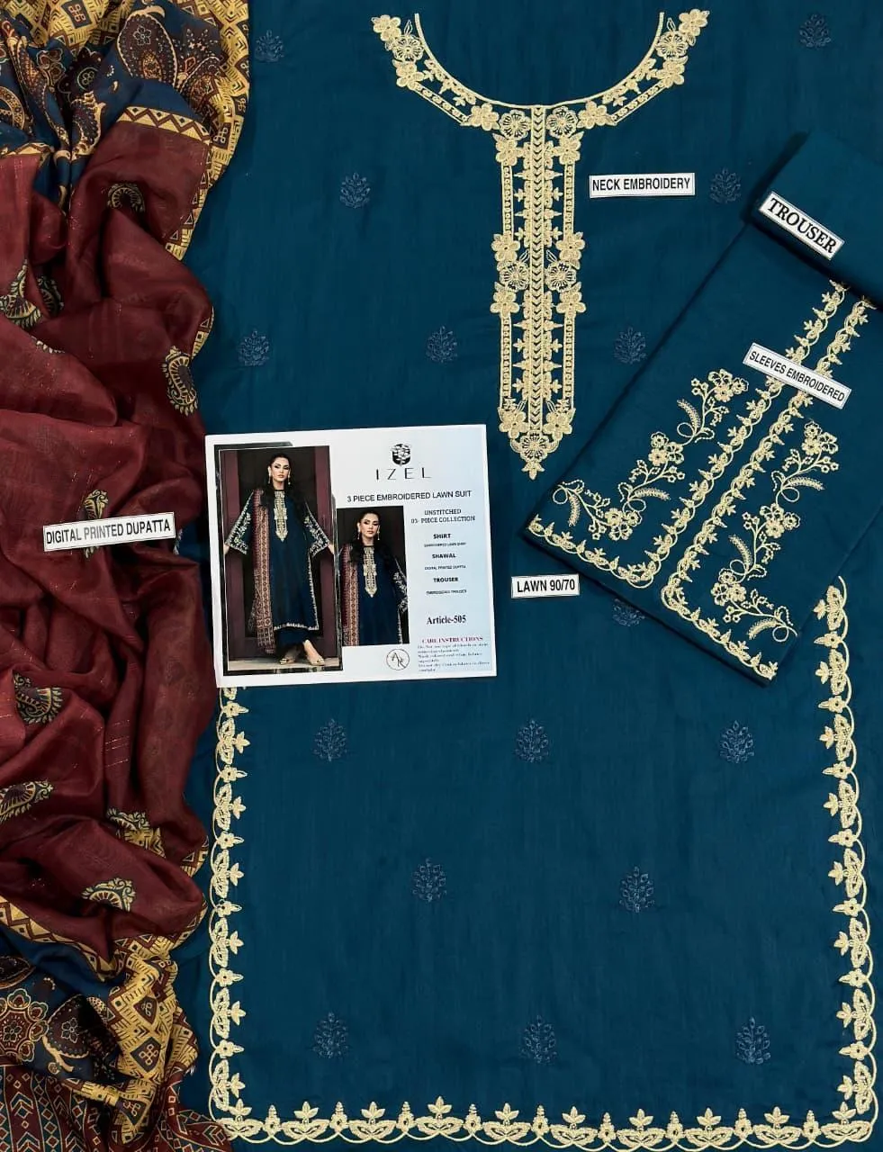 Blue Embroidered Lawn 3Pcs Set for Women