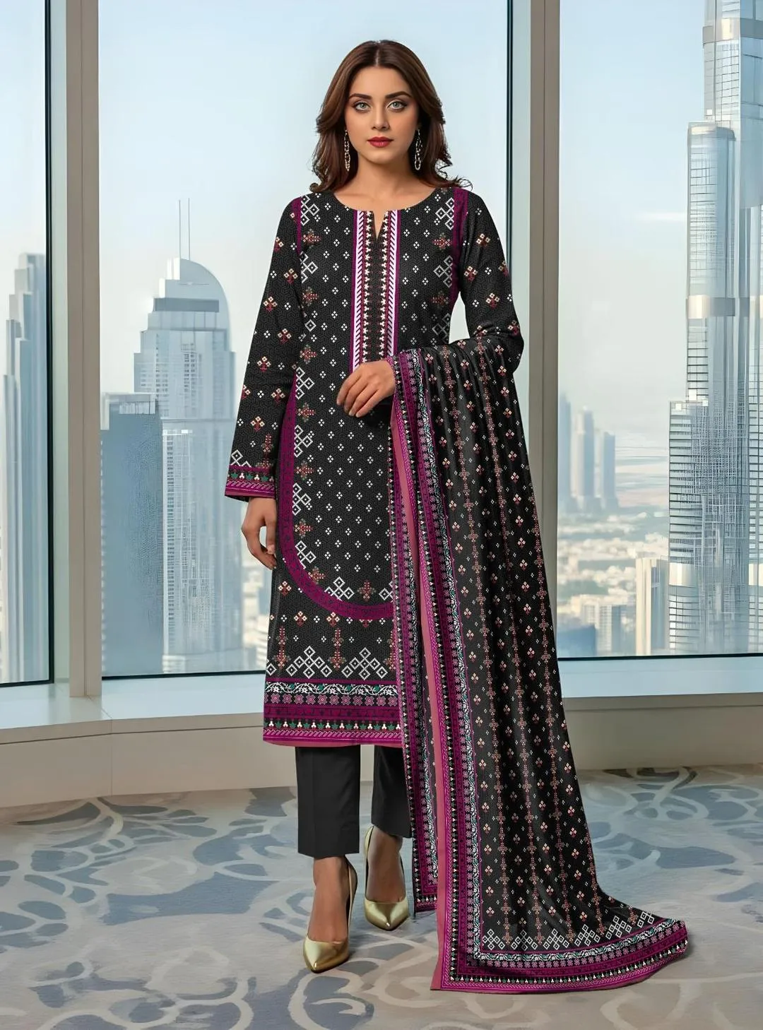 Black Printed 3 Pcs Women's Dobby Lawn Suit