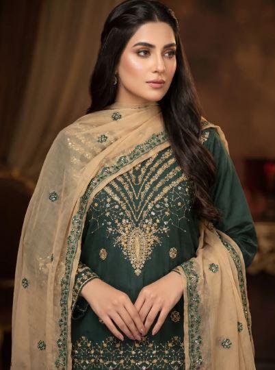 Green Embroidered 3 Piece Women’s Cotton Lawn Suit with Chiffon Dupatta – Eid Party Wear Dress in Lahore | Rs. 4200
